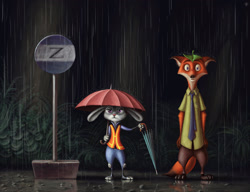 Size: 2792x2148 | Tagged: safe, artist:nik raccoom, judy hopps (zootopia), nick wilde (zootopia), canine, fox, lagomorph, mammal, rabbit, red fox, anthro, plantigrade anthro, disney, my neighbor totoro, studio ghibli, zootopia, 2015, bus stop, clothes, crossover, cute, duo, female, floppy ears, front view, fur, hand hold, high res, holding, leaf, long ears, male, necktie, orange fur, outdoors, paws, rain, reflection, shirt, size difference, tan fur, topwear, umbrella