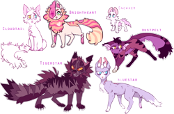 Size: 1440x944 | Tagged: safe, artist:lupisvulpes, bluestar (warrior cats), brightheart (warrior cats), cloudtail (warrior cats), dustpelt (warrior cats), snowkit (warrior cats), tigerstar (warrior cats), cat, feline, mammal, feral, warrior cats, 2019, cute, female, group, kitten, male, simple background, transparent background, young