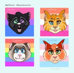 Size: 1280x1260 | Tagged: safe, artist:goldsand, mothwing (warrior cats), puddleshine (warrior cats), ravenpaw (warrior cats), squirrelflight (warrior cats), cat, feline, mammal, feral, warrior cats, 2020, bisexual pride flag, female, flag, gay pride flag, group, lesbian pride flag, lgbt headcanon, male, mtf transgender, pride, pride flag, text, transgender, transgender pride flag