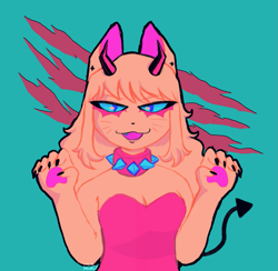 Size: 1203x1176 | Tagged: safe, artist:4mp0r4, brooklyn hayes (lps popular), cat, demon, feline, fictional species, mammal, anthro, lps popular, hasbro, littlest pet shop, youtube, 2019, abstract background, anthrofied, breasts, claws, cleavage, collar, female, solo, solo female, spiked collar