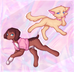 Size: 1239x1215 | Tagged: safe, artist:blankjubbz, brooklyn hayes (lps popular), savannah reed (lps popular), canine, cat, dachshund, dog, feline, mammal, feral, lps popular, hasbro, littlest pet shop, youtube, 2019, abstract background, clothes, collar, cute, duo, duo female, female, jacket, topwear