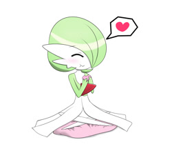 Size: 900x800 | Tagged: safe, artist:sana!rpg, fictional species, gardevoir, anthro, nintendo, pokémon, 2015, eating, eyes closed, female, heart, kneeling, pictogram, pillow, simple background, smiling, solo, solo female, white background