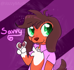 Size: 319x303 | Tagged: safe, artist:peachyroo, savannah reed (lps popular), canine, dog, mammal, anthro, lps popular, hasbro, littlest pet shop, youtube, 2019, abstract background, anthrofied, clothes, cute, female, gesture, jacket, low res, obtrusive watermark, paw pads, paws, peace sign, solo, solo female, topwear, watermark