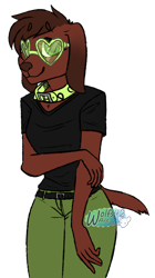 Size: 764x1368 | Tagged: safe, artist:wolfs42, savannah reed (lps popular), canine, dachshund, dog, mammal, anthro, lps popular, hasbro, littlest pet shop, youtube, 2018, anthrofied, bottomwear, breasts, clothes, collar, cute, female, glasses, heart glasses, obtrusive watermark, pants, shirt, simple background, solo, solo female, sunglasses, topwear, transparent background, watermark