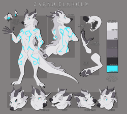 Size: 3000x2692 | Tagged: safe, alternate version, artist:piromane, oc, oc only, oc:zarko elkholm, canine, dragon, fictional species, hybrid, mammal, wolf, anthro, digitigrade anthro, abstract background, blue eyes, body markings, color palette, cross-section, crossed arms, featureless crotch, front view, gray hair, gray scales, hair, high res, male, mane, nudity, paw pads, paws, rear view, reference sheet, scales, scar, sharp teeth, solo, solo male, tail, teeth, three-quarter view, underpaw