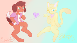 Size: 1920x1080 | Tagged: safe, artist:salanaar, brooklyn hayes (lps popular), savannah reed (lps popular), canine, cat, dachshund, dog, feline, mammal, semi-anthro, lps popular, hasbro, littlest pet shop, youtube, 16:9, 2018, breasts, clothes, collar, duo, duo female, featureless breasts, female, gradient background, heart, jacket, topwear, wallpaper