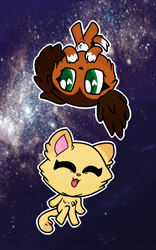 Size: 592x946 | Tagged: safe, artist:fluffy-poyos, brooklyn hayes (lps popular), savannah reed (lps popular), canine, cat, dachshund, dog, feline, mammal, semi-anthro, lps popular, hasbro, littlest pet shop, youtube, 2018, chibi, cute, duo, duo female, female, heart, heart eyes, sky, space, stars, white outline, wingding eyes