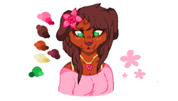 Size: 753x427 | Tagged: safe, artist:synesthesia-blind, savannah reed (lps popular), canine, dachshund, dog, mammal, anthro, lps popular, hasbro, littlest pet shop, youtube, 2018, anthrofied, breasts, clothes, cute, female, flower, flower in hair, green eyes, hair, hair accessory, shirt, simple background, solo, solo female, topwear, white background