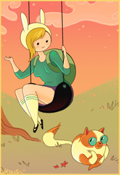 Size: 576x838 | Tagged: safe, artist:alyssizzle-smithness, cake the cat (adventure time), fionna the human (adventure time), cat, feline, human, mammal, semi-anthro, adventure time, cartoon network, 2011, backpack, breasts, catified, clothes, cute, duo, duo female, female, hat, knee-high socks, looking at each other, rule 63, shoes, socks, species swap, swing, tree