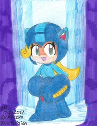 Size: 1024x1326 | Tagged: safe, artist:edxtreme, coco bandicoot (crash bandicoot), mega man (mega man), bandicoot, mammal, marsupial, anthro, capcom, crash bandicoot (series), mega man (series), cosplay, crossover, female, solo, solo female, traditional art