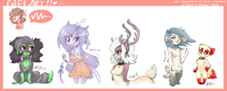 Size: 2023x821 | Tagged: species needed, safe, artist:alyssizzle-smithness, oc, oc only, oc:ayotte (soniceletronic), oc:charlie (alyssizzle-smithness), oc:fina (sonicelectronic), oc:koastals (piratepsuedoferret), oc:msh (msh), oc:rixi (trixity), alien, animal humanoid, bovid, canine, caprine, cervid, cocker spaniel, deer, dog, fictional species, mammal, sheep, spaniel, sparkle dog, anthro, feral, humanoid, semi-anthro, taur, 2007, :|, ambiguous gender, anthro centaur, antlers, belly button, belly fluff, berry, black fur, blue eyes, blue hair, border, bottomwear, bracelet, breasts, brown fur, brown hair, character name, cheek fluff, chest fluff, choker, cleavage, clothes, collar, cream body, cream fur, dress, ear fluff, english text, eyepatch, featureless breasts, female, fluff, food, freckles, fruit, fur, gift art, gills, green fur, group, hair, head fluff, head wings, heart, heterochromia, holly, horns, jewelry, leaf, leg fluff, light skin, looking down, middle finger, neck fluff, nipple tape, open mouth, pants, pasties, paw print, pictogram, pink border, pink eyes, purple hair, purple skin, ram horns, red fur, signature, simple background, sitting, skin, smiling, socks (leg marking), speech bubble, tail, tail fluff, text, vulgar, wall of tags, white background, white hair, wings