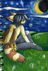 Size: 516x760 | Tagged: species needed, safe, artist:tomoko-nyo, oc, oc only, oc:nemo (tomoko-nyo), arthropod, butterfly, insect, mammal, anthro, 2009, ambient insect, ambient wildlife, bottomwear, clothes, crescent moon, grass, jeans, looking back, male, moon, pants, partial nudity, sitting, sky, solo, solo male, stars, tail, topless, traditional art, wings
