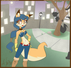 Size: 720x690 | Tagged: safe, artist:alyssizzle-smithness, carmelita fox (sly cooper), sly cooper (sly cooper), canine, fox, mammal, procyonid, raccoon, anthro, sly cooper (series), 2006, boots, bottomwear, breasts, city, clothes, crop top, duo, female, female focus, pants, shoes, sidewalk, solo focus, topwear, tree