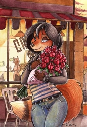 Size: 881x1280 | Tagged: safe, artist:woadedfox, oc, oc only, oc:roza (woadedfox), canine, fox, mammal, anthro, belt, black hair, blue eyes, bottomwear, brown hair, chair, clothes, female, flower, fur, hair, jacket, jeans, leather jacket, looking at you, orange fur, outdoors, pants, rose, solo, solo female, striped clothes, striped shirt, topwear, traditional art