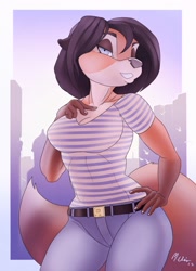 Size: 929x1280 | Tagged: safe, artist:woadedfox, oc, oc only, oc:roza (woadedfox), canine, fox, mammal, anthro, belt, black hair, blue eyes, bottomwear, breasts, brown hair, cleavage, clothes, female, fur, hair, jeans, looking at you, orange fur, pants, shirt, solo, solo female, striped clothes, striped shirt, topwear