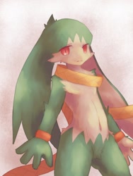 Size: 600x800 | Tagged: safe, artist:tierkhaos, king of sorrow (klonoa), ambiguous species, fictional species, mammal, anthro, bandai namco, klonoa, namco, collar, fur, green fur, male, red eyes, solo, solo male, wristband