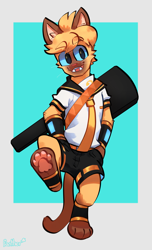 Size: 1867x3072 | Tagged: safe, artist:pantherloid, len kagamine (vocaloid), cat, feline, mammal, anthro, digitigrade anthro, vocaloid, abstract background, anthrofied, catified, male, paw pads, paws, solo, solo male, species swap