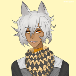 Size: 1087x1087 | Tagged: safe, artist:kraneouri, dex (vocaloid), animal humanoid, cat, feline, fictional species, mammal, humanoid, vocaloid, catified, furrified, male, simple background, solo, solo male, yellow background