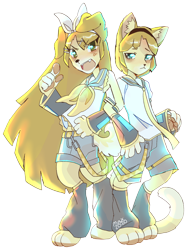 Size: 2048x2738 | Tagged: safe, artist:maxpawb, len kagamine (vocaloid), rin kagamine (vocaloid), canine, cat, dog, feline, mammal, anthro, digitigrade anthro, vocaloid, anthrofied, brother, brother and sister, catified, dogified, duo, female, furrified, high res, male, paw pads, paws, siblings, simple background, sister, species swap, transparent background, twins