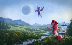 Size: 1680x1050 | Tagged: safe, artist:moe, pinkie pie (mlp), princess luna (mlp), alicorn, earth pony, equine, fictional species, mammal, pony, feral, friendship is magic, hasbro, my little pony, 2012, beret, bipedal, clothes, creek, digital art, digital painting, duo, duo female, easel, female, flower, flying, forest, frowning, grass, hat, magic, mare, moon, mountain, open mouth, paint, paintbrush, painter, painting, palette, pointing, river, scenery, scenery porn, signature, sitting, spread wings, stream, tail, tree, unamused, valley, water, wings