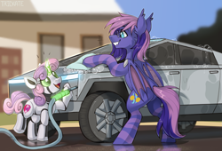 Size: 4713x3200 | Tagged: safe, artist:trickate, sweetie belle (mlp), oc, oc:bitmaker, bat pony, equine, fictional species, mammal, pony, robot, robot pony, feral, friendship is magic, hasbro, my little pony, ambiguous gender, car, cybertruck, duo, fangs, female, glasses, hose, house, magic, sharp teeth, smiling, street, sweetie bot (mlp), teeth, vehicle, washing, young