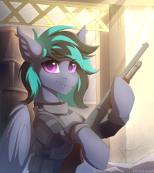 Size: 1894x2122 | Tagged: safe, artist:strafe blitz, oc, oc only, bat pony, equine, fictional species, mammal, pony, feral, friendship is magic, hasbro, my little pony, ambiguous gender, armor, clothes, ear fluff, fangs, fluff, gun, looking at you, purple eyes, sharp teeth, shotgun, solo, solo ambiguous, teeth, weapon, wings