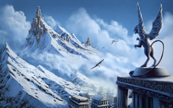 Size: 1980x1238 | Tagged: safe, artist:moe, bird, feline, fictional species, gryphon, mammal, feral, ambiguous gender, city, cloudy, digital art, digital painting, flying, group, mountain, mountain range, scenery, snow, statue, trio