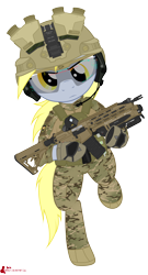 Size: 2238x4152 | Tagged: safe, artist:orang111, derpy hooves (mlp), equine, fictional species, mammal, pegasus, pony, semi-anthro, friendship is magic, hasbro, my little pony, ar15, armor, assault rifle, boots, clothes, eotech, female, gloves, grenade launcher, gun, heads up display, helmet, looking at you, magpul, military, military uniform, night vision goggles, rifle, shoes, simple background, solo, solo female, transparent background, uniform, weapon