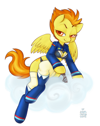 Size: 792x1000 | Tagged: safe, artist:onnanoko, spitfire (mlp), equine, fictional species, mammal, pegasus, pony, anthro, unguligrade anthro, friendship is magic, hasbro, my little pony, :3, anthrofied, boots, bra, breasts, cleavage, clothes, cloud, female, glasses, hooves, jacket, legwear, lidded eyes, looking at you, necktie, on a cloud, orange eyes, panties, shoes, smiling, solo, solo female, spread wings, stockings, sunglasses, topwear, underwear, wings