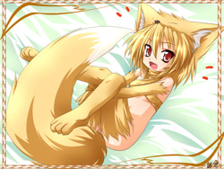 Size: 1600x1200 | Tagged: safe, artist:kazami karasu, moonlight flower (ragnarok), animal humanoid, canine, fictional species, fox, mammal, humanoid, ragnarok online, bed, blonde hair, bottomless, ear fluff, female, fluff, hair, lying down, nudity, open mouth, partial nudity, paws, solo, solo female, surprised, tail, tail fluff