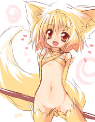 Size: 712x908 | Tagged: safe, artist:kazami karasu, moonlight flower (ragnarok), animal humanoid, canine, fictional species, fox, mammal, humanoid, ragnarok online, abstract background, belly button, blonde hair, bottomless, ear fluff, featureless crotch, female, fluff, hair, nudity, open mouth, partial nudity, signature, solo, solo female, staff, standing, tail, tail fluff
