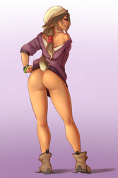 Size: 2000x3000 | Tagged: suggestive, artist:pudge ruffian, animal humanoid, bovid, fictional species, goat, mammal, humanoid, cc by-nc, creative commons, boots, bottomless, butt, clothes, female, high res, hoodie, lidded eyes, looking back, nudity, partial nudity, presenting, shoes, smiling, solo, solo female, topwear