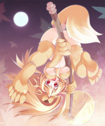 Size: 740x880 | Tagged: suggestive, artist:amasa mitsunaru, moonlight flower (ragnarok), animal humanoid, canine, fictional species, fox, mammal, humanoid, ragnarok online, bell, blonde hair, breasts, ear fluff, feet, female, fluff, hair, leaf, looking at you, moon, night, open mouth, red eyes, solo, solo female, staff, tail, tail fluff, underfoot, upside down