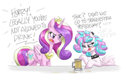 Size: 3000x1908 | Tagged: safe, artist:flutterthrash, princess cadence (mlp), princess flurry heart (mlp), alicorn, equine, fictional species, mammal, pony, feral, friendship is magic, hasbro, my little pony, alcohol, blushing, child, choker, cider, collar, crown, cup, cutie mark, daughter, dialogue, drink, drunk, ear piercing, eyelashes, feathered wings, feathers, female, fur, hair, hiccup, horn, looking down, mare, mother, mother and child, mother and daughter, mug, multicolored hair, older, open mouth, piercing, pink feathers, pink fur, punk, purple eyes, regalia, simple background, speech bubble, spiked collar, table, tail, talking, teenager, text, tongue, white background, wings