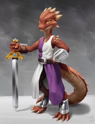 Size: 980x1280 | Tagged: safe, artist:waga, fictional species, kobold, reptile, anthro, female, flat chest, solo, solo female, standing, sword, tail, weapon