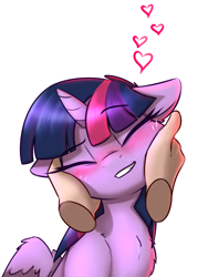 Size: 1800x2400 | Tagged: safe, artist:pudge ruffian, twilight sparkle (mlp), alicorn, equine, fictional species, human, mammal, pony, feral, friendship is magic, hasbro, my little pony, blue hair, blushing, chest fluff, cute, duo, eyelashes, eyes closed, feathered wings, feathers, female, female focus, floppy ears, fluff, fur, grin, hair, hands, heart, horn, multicolored hair, offscreen character, pink hair, pov, purple fur, purple hair, simple background, smiling, solo focus, teeth, white background, wings