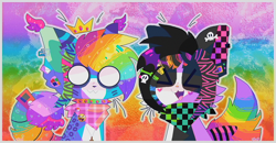 Size: 2468x1279 | Tagged: safe, artist:ph-ed, oc, canine, mammal, sparkle dog, feral, art fight, 2019, abstract background, ambiguous gender, awesome face, bone, bow, collar, color porn, coontails, cross, crown, cute, duo, ear piercing, ear tuft, gauges, glamfur, hair, hair clip, holding, inverted cross, ipod, jewelry, mp3 player, neckerchief, necklace, owo, paperclip, piercing, pin, rainbow background, scene fashion, skull, spiked collar, tail, tail bow, tail hold, xd