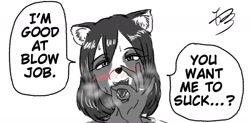 Size: 1536x756 | Tagged: suggestive, artist:naranahiromi, oc, oc only, oc:minami, canine, mammal, raccoon dog, anthro, 2018, blushing, female, gesture, innuendo, open mouth, panting, signature, simple background, solo, solo female, talking, tongue, tongue out, white background