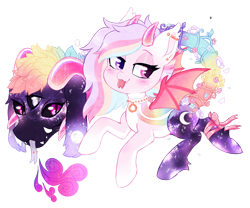 Size: 1280x1064 | Tagged: safe, artist:glitterring, nameless oc, oc, oc only, animate plant, bat pony, equine, fictional species, mammal, plant pony, pony, feral, friendship is magic, hasbro, my little pony, 2020, black sclera, bow, collar, color porn, colored sclera, custom design, cute, cute little fangs, cutie mark, ear piercing, fangs, female, flower, forked tongue, fur, hair, heterochromia, hooves, horns, industrial piercing, mane, mare, multicolored hair, multicolored mane, multiple heads, piercing, pink eyes, pink fur, plant tail, purple eyes, ribbon, rose, sharp teeth, simple background, snake tongue, solo, solo female, spiked collar, tail, tail head, tail mouth, teeth, three eyes, tongue, tongue out, tongue piercing, transparent background, two heads, white eyes, wings