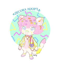 Size: 1250x1351 | Tagged: safe, artist:cupidcry, nameless oc, oc, oc only, cat, feline, lagomorph, mammal, rabbit, semi-anthro, 2020, abstract background, adoptable, ambiguous gender, blue eyes, bow, bracelet, chain, claws, clothes, collar, color porn, cute, decora, ear piercing, earring, english text, fluff, hair, hair clip, jacket, jewelry, lock, multicolored claws, necklace, padlock necklace, paws, piercing, pink hair, purse, signature, snake bites, solo, solo ambiguous, spiked bracelet, spiked collar, standing, stars, tail, text, topwear