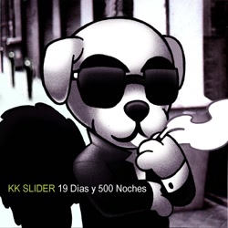 Size: 800x800 | Tagged: safe, artist:darksilvania, k.k. slider (animal crossing), canine, dog, mammal, anthro, animal crossing, nintendo, album art, album art redraw, cover art, glasses, joaquin sabina, male, paws, smoking, solo, solo male, spanish text, sunglasses, text, translation request