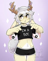 Size: 1692x2150 | Tagged: safe, artist:fleurfurr, oc, oc only, oc:fleur, fictional species, jackalope, lagomorph, mammal, rabbit, anthro, 2020, abstract background, antlers, bottomwear, bulge, clothes, crop top, cropped shirt, digital art, ear piercing, femboy, floppy ears, fluff, front view, fur, glasses, gray hair, hair, kemono, long ears, looking at you, male, midriff, piercing, pink fur, pointing, round glasses, shorts, signature, solo, solo male, tail, tail fluff, topwear, watermark, white fur, yellow fur
