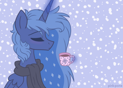 Size: 1280x922 | Tagged: safe, artist:pink-pone, princess luna (mlp), alicorn, equine, fictional species, mammal, pony, feral, friendship is magic, hasbro, my little pony, clothes, eyes closed, female, hot chocolate, hot drink in cold weather, mug, scarf, snow, solo, solo female