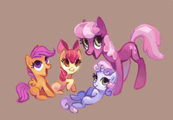 Size: 2936x2042 | Tagged: safe, artist:holivi, apple bloom (mlp), cheerilee (mlp), scootaloo (mlp), sweetie belle (mlp), earth pony, equine, fictional species, mammal, pegasus, pony, unicorn, feral, friendship is magic, hasbro, my little pony, 2012, brown background, cutie mark crusaders (mlp), feathered wings, feathers, female, folded wings, happy, high res, horn, mare, open mouth, quartet, simple background, smiling, tail, teacher and student, wings