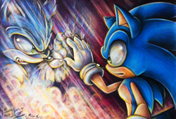 Size: 2026x1379 | Tagged: safe, artist:misstangshan95, sonic the hedgehog (sonic), sonic the werehog (sonic), hedgehog, mammal, anthro, sega, sonic the hedgehog (series), sonic unleashed, 2016, blue fur, claws, clothes, digital art, duality, duo, duo male, fangs, fur, gloves, green eyes, male, males only, quills, reflection, self paradox, sharp teeth, teeth, werebeast, werehog
