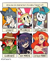 Size: 1280x1568 | Tagged: safe, artist:marreeps, jenny wakeman (my life as a teenage robot), jessica rabbit (roger rabbit), legoshi (beastars), canine, fictional species, human, mammal, object head, robot, wolf, anthro, humanoid, six fanarts, beastars, cuphead, disney, my life as a teenage robot, nickelodeon, nintendo, pokémon, who framed roger rabbit, beard, bottomwear, chalice, cloak, clothes, crossed arms, crossover, feather, feather in hat, female, gloves, group, hair, hat, heart, hex maniac (pokémon), lisa (series), lisa: the painful, male, ms. chalice (cuphead), olan hoyt (lisa), pigtails, simple background, skirt, sweat, swirly eyes, teenager, text, white background