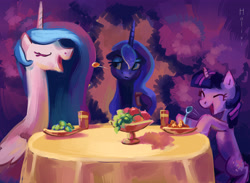 Size: 4311x3161 | Tagged: safe, artist:holivi, princess celestia (mlp), princess luna (mlp), twilight sparkle (mlp), alicorn, equine, fictional species, mammal, pony, unicorn, feral, friendship is magic, hasbro, my little pony, 2012, eating, eyes closed, feathered wings, feathers, female, folded wings, food, frowning, happy, herbivore, high res, horn, mare, open mouth, spoon, table, tail, trio, trio female, wings
