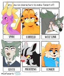 Size: 1024x1201 | Tagged: safe, artist:ufohouse, conker the squirrel (conker), garfield (garfield), legoshi (beastars), link (wolf form), link (zelda), spyro the dragon (spyro), canine, cat, dragon, feline, fictional species, hyena, mammal, mightyena, reptile, rodent, scaled dragon, squirrel, western dragon, wolf, anthro, feral, semi-anthro, six fanarts, beastars, conker (series), garfield (comic), nintendo, pokémon, rareware, spyro the dragon (series), the legend of zelda, the legend of zelda: twilight princess, ambiguous gender, clothes, crossover, english text, group, hoodie, male, simple background, spines, text, topwear, white background