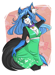 Size: 589x800 | Tagged: safe, artist:littledigits, oc, oc only, cat, feline, mammal, anthro, 2009, abstract background, breasts, cleavage, clothes, collar, commission, dress, female, solo, solo female