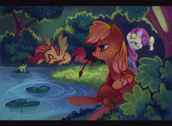 Size: 4311x3169 | Tagged: safe, artist:holivi, applejack (mlp), fluttershy (mlp), rarity (mlp), amphibian, equine, fictional species, frog, mammal, pegasus, pony, unicorn, feral, friendship is magic, hasbro, my little pony, 2012, female, forest, freckles, frowning, glowing, glowing horn, hair, hair band, high res, horn, mare, mirror, pond, sitting, smiling, tail, telekinesis, tree, trio, trio female